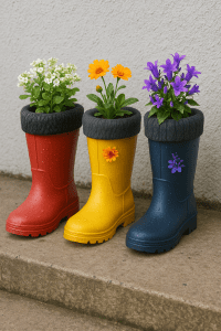 Recicla botas de agua de invierno como macetas decorativas Recicla botas de agua de invierno como macetas decorativas