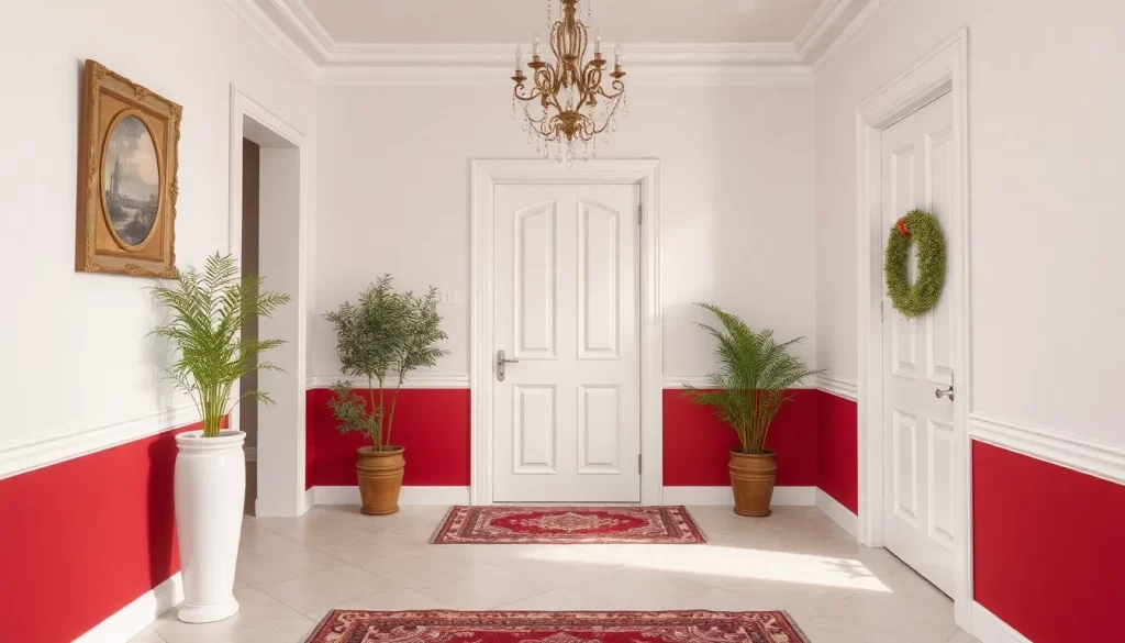 Decoración de pasillo con paredes rojas y puertas blancas lacadas